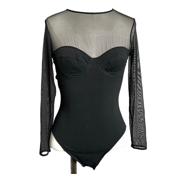 Vintage La Vie En Rose Black Sheer Long Sleeve Underwire Bodysuit - 32/XS - Picture 2 of 14
